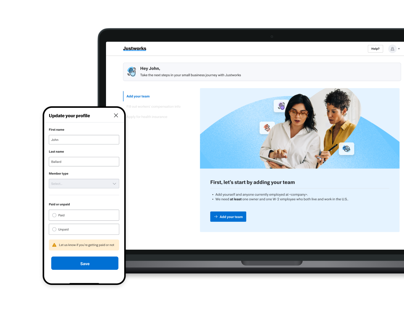 Justworks web onboarding screens